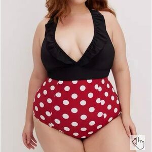 TORRID Disney Minnie Mouse Ruffled One-Piece Swimsuit Black Red Polkadot 3 3X